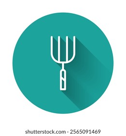 White line Garden pitchfork icon isolated with long shadow. Garden fork sign. Tool for horticulture, agriculture, farming. Green circle button. Vector