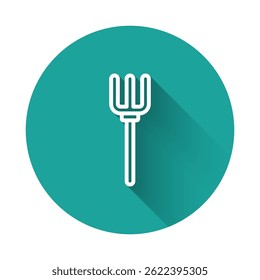 White line Garden pitchfork icon isolated with long shadow background. Garden fork sign. Tool for horticulture, agriculture, farming. Green circle button. Vector
