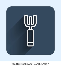 White line Garden pitchfork icon isolated with long shadow background. Garden fork sign. Tool for horticulture, agriculture, farming. Blue square button. Vector