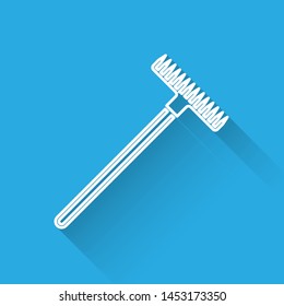 White line Garden rake icon isolated with long shadow. Tool for horticulture, agriculture, farming. Ground cultivator. Housekeeping equipment.  Vector Illustration