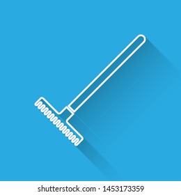 White line Garden rake icon isolated with long shadow. Tool for horticulture, agriculture, farming. Ground cultivator. Housekeeping equipment.  Vector Illustration