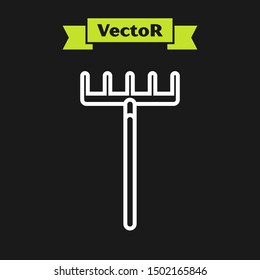 White line Garden rake icon isolated on black background. Tool for horticulture, agriculture, farming. Ground cultivator. Housekeeping equipment.  Vector Illustration