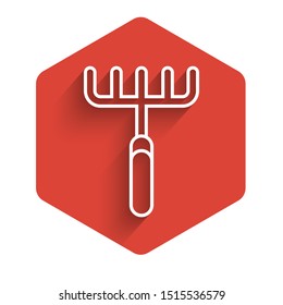 White line Garden rake icon isolated with long shadow. Tool for horticulture, agriculture, farming. Ground cultivator. Housekeeping equipment. Red hexagon button. Vector Illustration