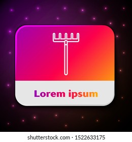 White line Garden rake icon isolated on black background. Tool for horticulture, agriculture, farming. Ground cultivator. Housekeeping equipment. Rectangle color button. Vector Illustration