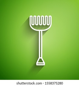 White line Garden rake icon isolated on green background. Tool for horticulture, agriculture, farming. Ground cultivator. Housekeeping equipment.  Vector Illustration