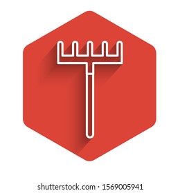 White line Garden rake icon isolated with long shadow. Tool for horticulture, agriculture, farming. Ground cultivator. Housekeeping equipment. Red hexagon button. Vector Illustration