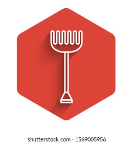 White line Garden rake icon isolated with long shadow. Tool for horticulture, agriculture, farming. Ground cultivator. Housekeeping equipment. Red hexagon button. Vector Illustration