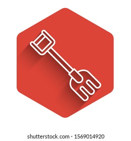 White line Garden rake icon isolated with long shadow. Tool for horticulture, agriculture, farming. Ground cultivator. Housekeeping equipment. Red hexagon button. Vector Illustration