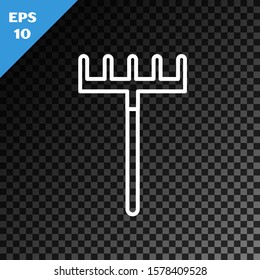 White line Garden rake icon isolated on transparent dark background. Tool for horticulture, agriculture, farming. Ground cultivator. Housekeeping equipment.  Vector Illustration