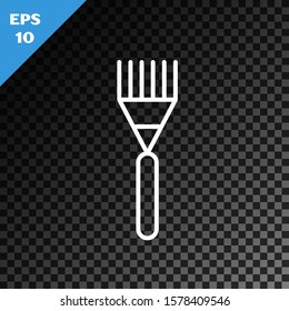White line Garden rake icon isolated on transparent dark background. Tool for horticulture, agriculture, farming. Ground cultivator. Housekeeping equipment.  Vector Illustration