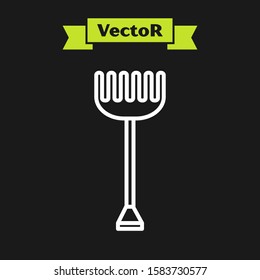 White line Garden rake icon isolated on black background. Tool for horticulture, agriculture, farming. Ground cultivator. Housekeeping equipment.  Vector Illustration