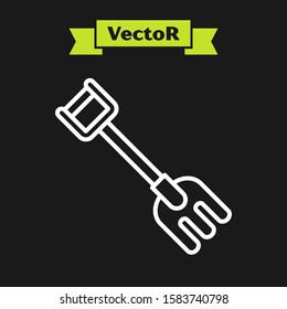 White line Garden rake icon isolated on black background. Tool for horticulture, agriculture, farming. Ground cultivator. Housekeeping equipment.  Vector Illustration