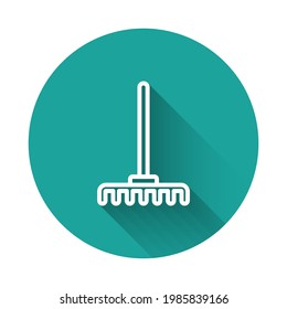 White line Garden rake icon isolated with long shadow background. Tool for horticulture, agriculture, farming. Ground cultivator. Housekeeping equipment. Green circle button. Vector