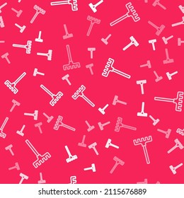 White line Garden rake icon isolated seamless pattern on red background. Tool for horticulture, agriculture, farming. Ground cultivator. Housekeeping equipment.  Vector