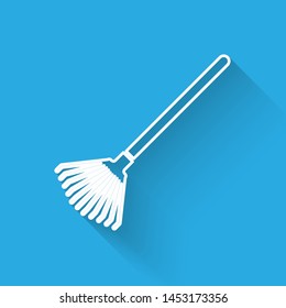 White line Garden rake for leaves icon isolated with long shadow. Tool for horticulture, agriculture, farming. Ground cultivator.  Vector Illustration