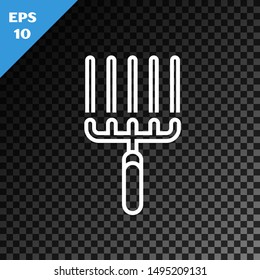 White line Garden rake in work icon isolated on transparent dark background. Tool for horticulture, agriculture, farming. Ground cultivator.  Vector Illustration