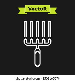 White line Garden rake in work icon isolated on black background. Tool for horticulture, agriculture, farming. Ground cultivator.  Vector Illustration