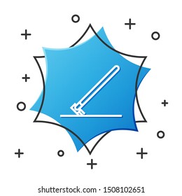 White line Garden rake in work icon isolated on white background. Tool for horticulture, agriculture, farming. Ground cultivator. Blue hexagon button. Vector Illustration