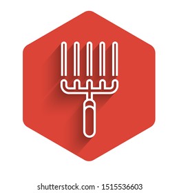 White line Garden rake in work icon isolated with long shadow. Tool for horticulture, agriculture, farming. Ground cultivator. Red hexagon button. Vector Illustration