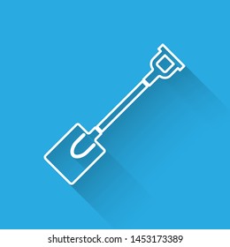White line Garden shovel icon isolated with long shadow. Gardening tool. Tool for horticulture, agriculture, farming.  Vector Illustration