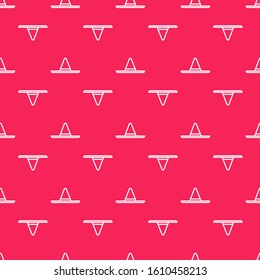 White line Gardener, farmer or agricultural worker hat icon isolated seamless pattern on red background.  Vector Illustration