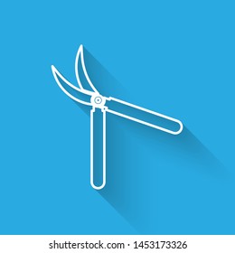 White line Gardening handmade scissors for trimming icon isolated with long shadow. Pruning shears with wooden handles.  Vector Illustration