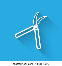 White line Gardening handmade scissors for trimming icon isolated with long shadow. Pruning shears with wooden handles.  Vector Illustration