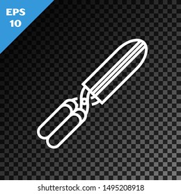 White line Gardening handmade scissors for trimming icon isolated on transparent dark background. Pruning shears with wooden handles.  Vector Illustration