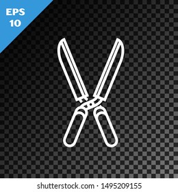 White line Gardening handmade scissors for trimming icon isolated on transparent dark background. Pruning shears with wooden handles.  Vector Illustration