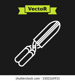 White line Gardening handmade scissors for trimming icon isolated on black background. Pruning shears with wooden handles.  Vector Illustration