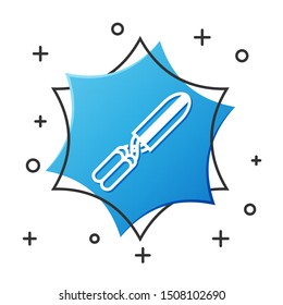 White line Gardening handmade scissors for trimming icon isolated on white background. Pruning shears with wooden handles. Blue hexagon button. Vector Illustration
