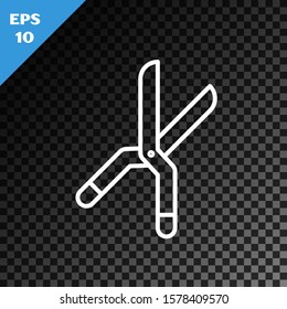 White line Gardening handmade scissors for trimming icon isolated on transparent dark background. Pruning shears with wooden handles.  Vector Illustration