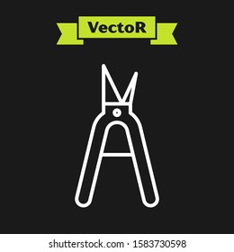 White line Gardening handmade scissors for trimming icon isolated on black background. Pruning shears with wooden handles.  Vector Illustration