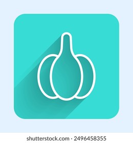 White line Garlic icon isolated with long shadow. Green square button. Vector