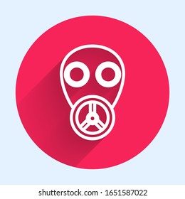 White line Gas mask icon isolated with long shadow. Respirator sign. Red circle button. Vector Illustration