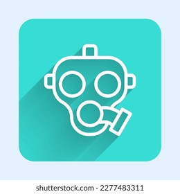 White line Gas mask icon isolated with long shadow background. Respirator sign. Green square button. Vector