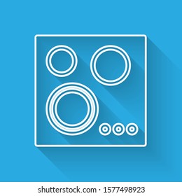 White line Gas stove icon isolated with long shadow. Cooktop sign. Hob with four circle burners.  Vector Illustration