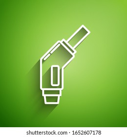 White line Gasoline pump nozzle icon isolated on green background. Fuel pump petrol station. Refuel service sign. Gas station icon.  Vector Illustration