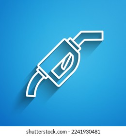White line Gasoline pump nozzle icon isolated on blue background. Fuel pump petrol station. Refuel service sign. Gas station icon. Long shadow. Vector