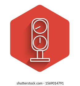 White line Gauge scale icon isolated with long shadow background. Satisfaction, temperature, manometer, risk, rating, performance, speed tachometer. Red hexagon button. Vector Illustration