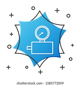 White line Gauge scale icon isolated on white background. Satisfaction, temperature, manometer, risk, rating, performance, speed tachometer. Blue hexagon button. Vector Illustration