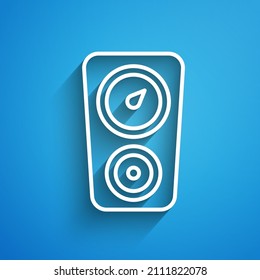 Icono de escala de ancho de línea blanca aislado en fondo azul. Satisfacción, temperatura, manómetro, riesgo, clasificación, rendimiento, taquímetro de velocidad. Larga sombra. Vector