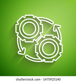 White line Gear and arrows as workflow process concept icon isolated on green background. Gear reload sign.  Vector Illustration