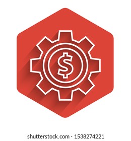 White line Gear with dollar symbol icon isolated with long shadow. Business and finance conceptual icon. Red hexagon button. Vector Illustration
