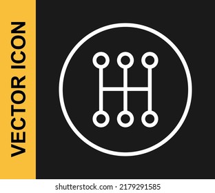 White line Gear shifter icon isolated on black background. Manual transmission icon.  Vector