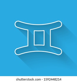 White line Gemini zodiac sign icon isolated with long shadow. Astrological horoscope collection.  Vector Illustration