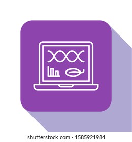 White line Genetic engineering modification on laptop icon isolated on white background. DNA analysis, genetics testing, cloning. Purple square button. Vector Illustration