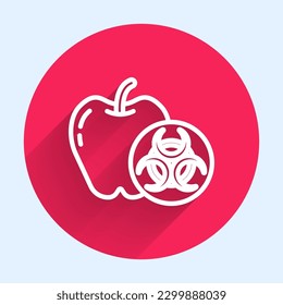White line Genetically modified apple icon isolated with long shadow. GMO fruit. Red circle button. Vector
