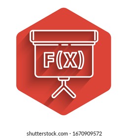 White line Geometric figure Cube icon isolated with long shadow. Abstract shape. Geometric ornament. Red hexagon button. Vector Illustration