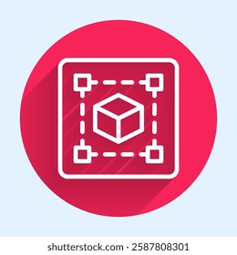 White line Geometric figure Cube icon isolated with long shadow. Abstract shape. Geometric ornament. Red circle button. Vector